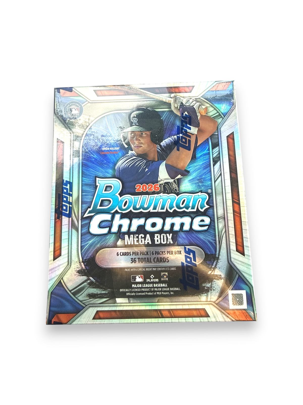 Lowkey Stock 2026 Bowman Chrome Mega Box featuring baseball card packaging with holographic design and 36 total cards