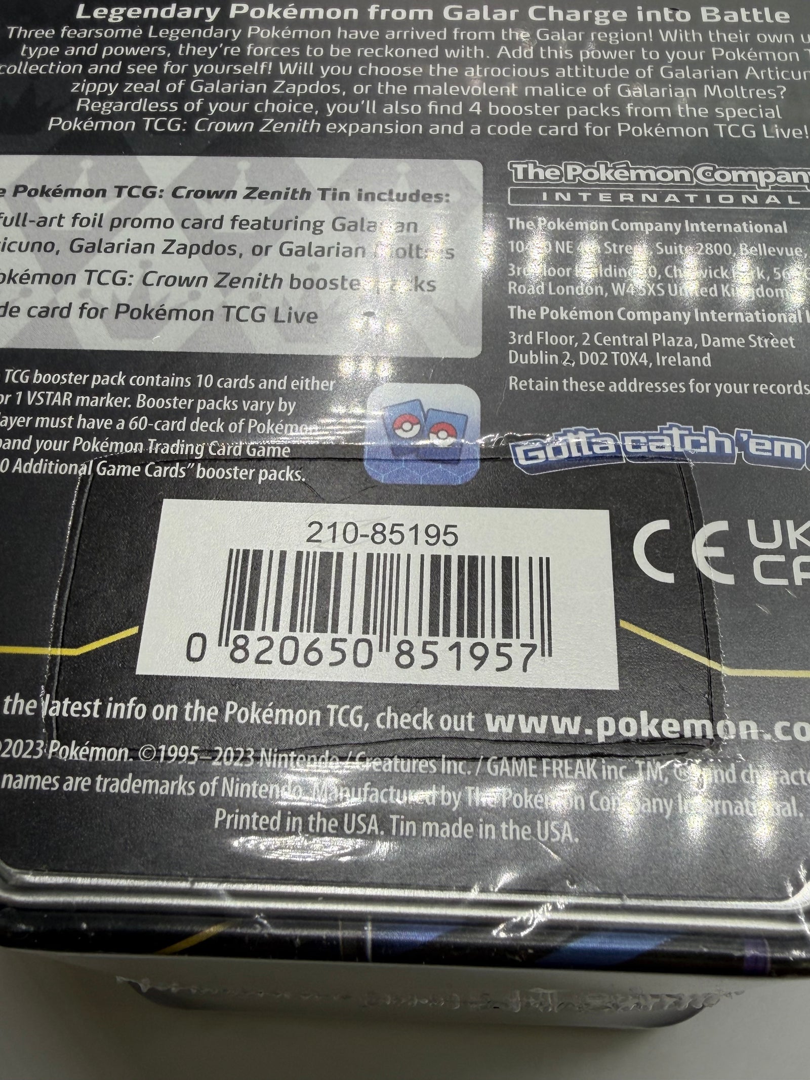 Pokemon TCG 2023 Crown Zenith SWSH Galarian Zapdos Tin SEALED