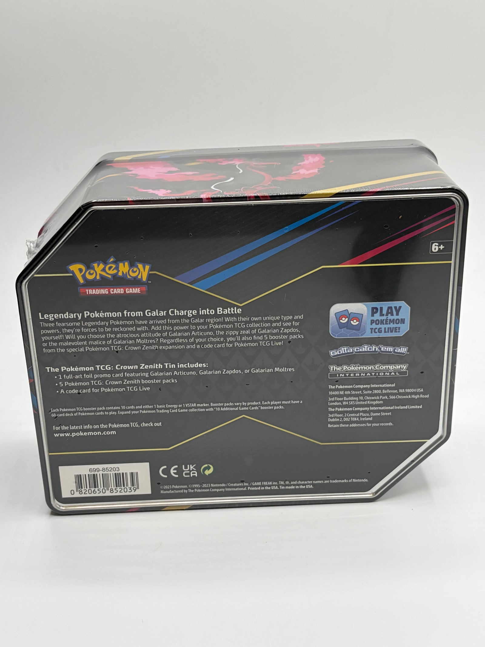 Crown Zenith Sealed Tin Pokemon TCG Galarian Moltres (5 Booster Packs)