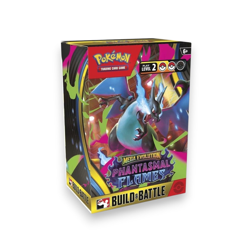 Lowkey Stock box of Pokemon Mega Evolution Phantasmal Flames build & battle with "play level 2" written on the front.