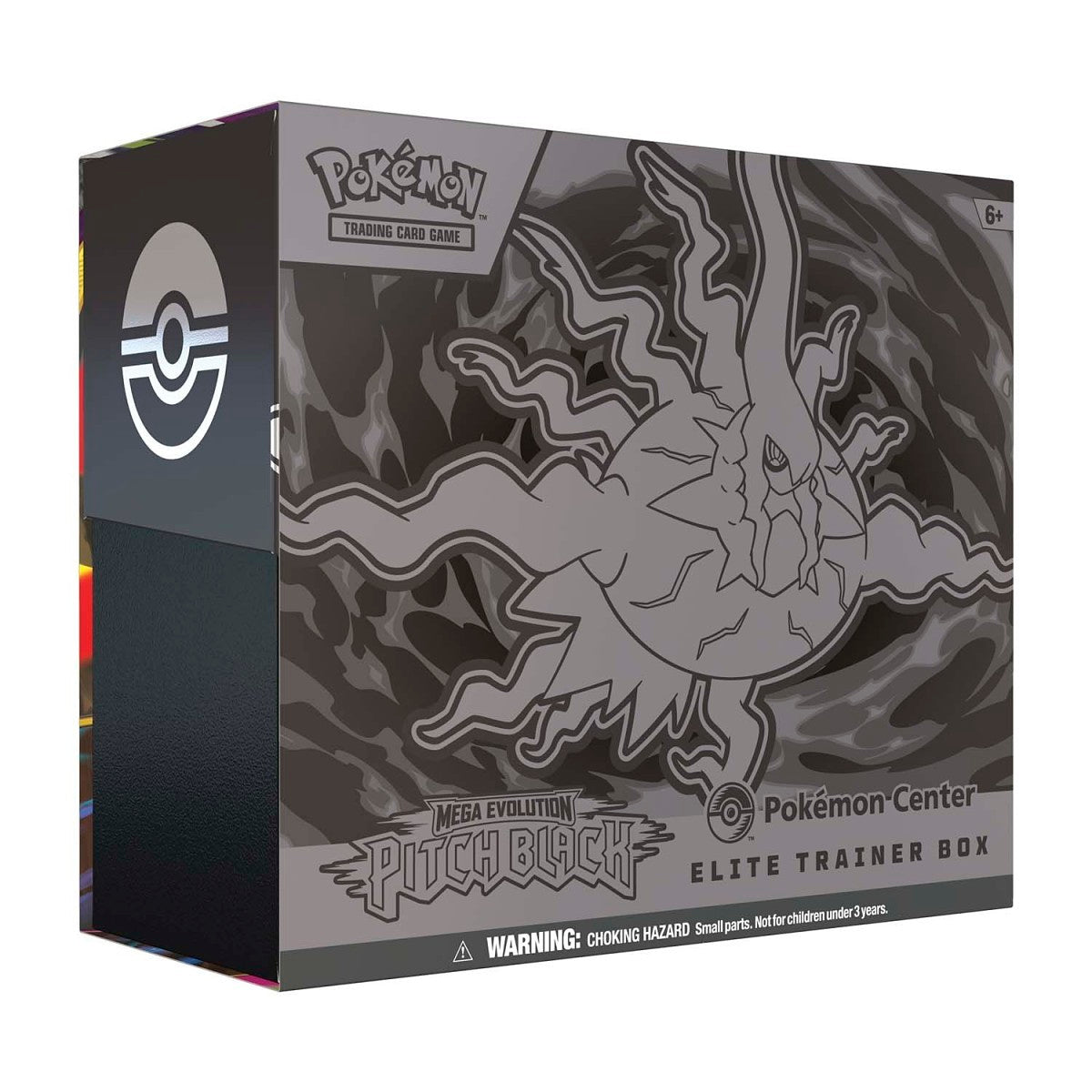 Lowkey Stock Mega Evolutions Pitch Black Elite Trainer Box featuring a sleek black design with silver artwork.