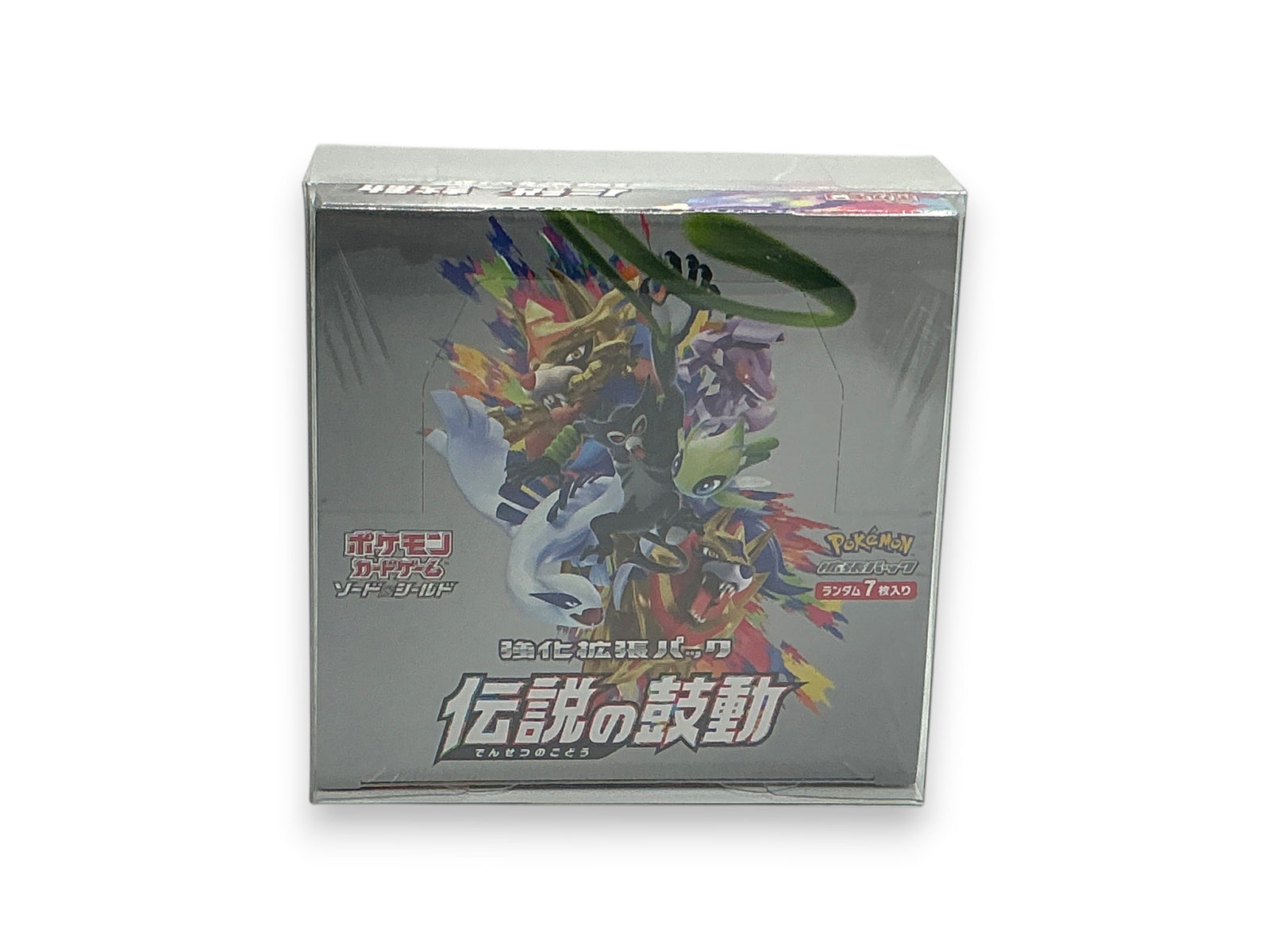 A sealed Pokémon TCG booster box featuring colorful character artwork on a gray background with Japanese text.