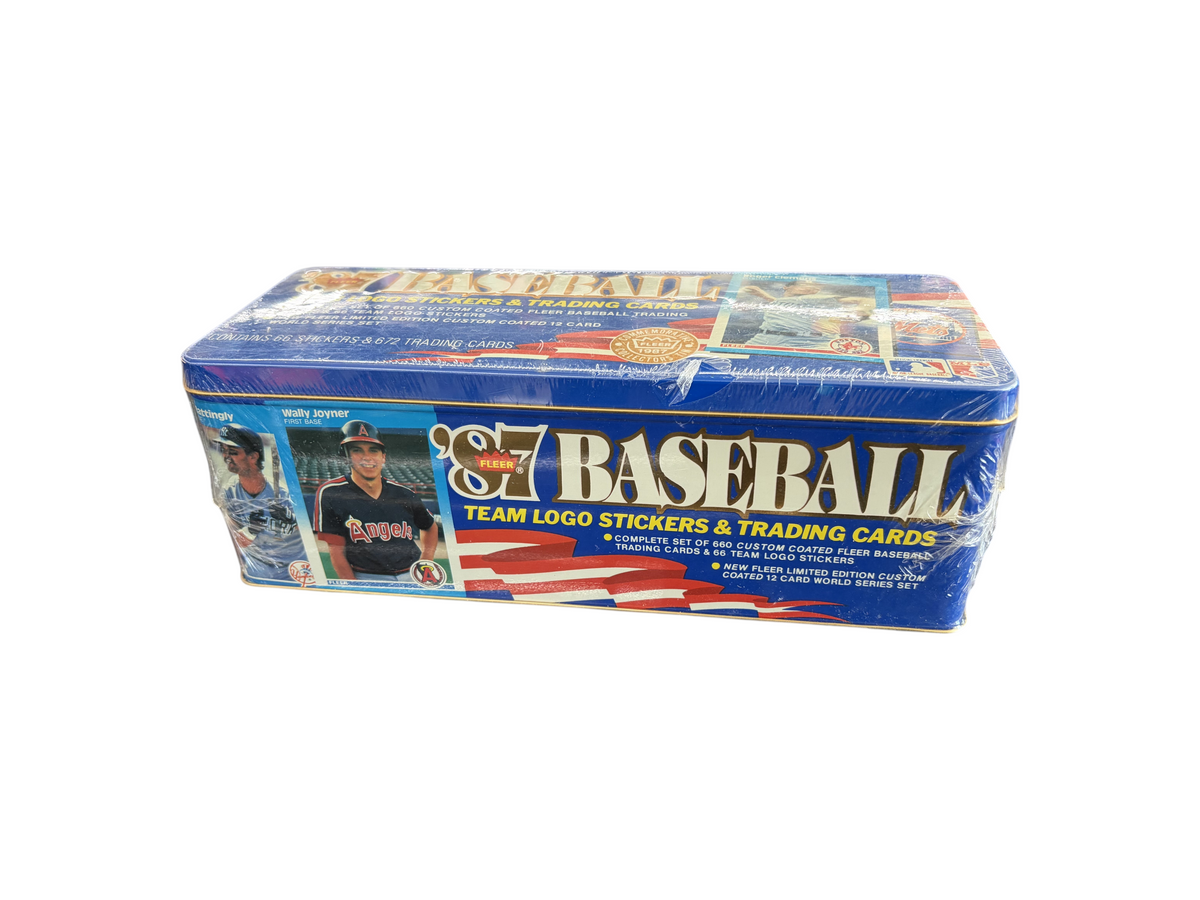 Lowkey Stock 1987 Fleer baseball trading card collectors tin featuring team logo stickers, sealed in original plastic
