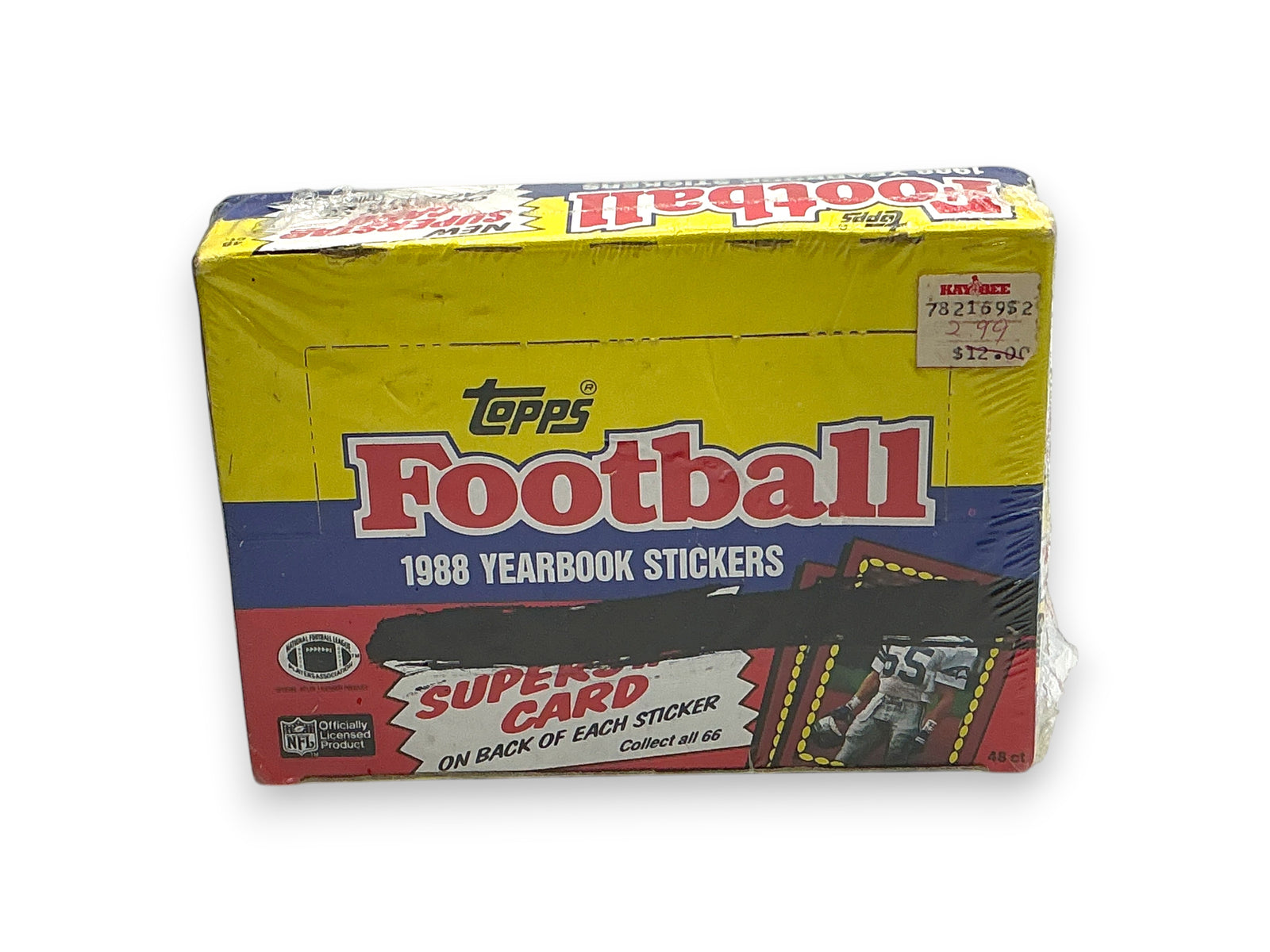 Lowkey Stock 1988 Topps Football Stickers wax box containing 48 sealed packs with vintage NFL branding
