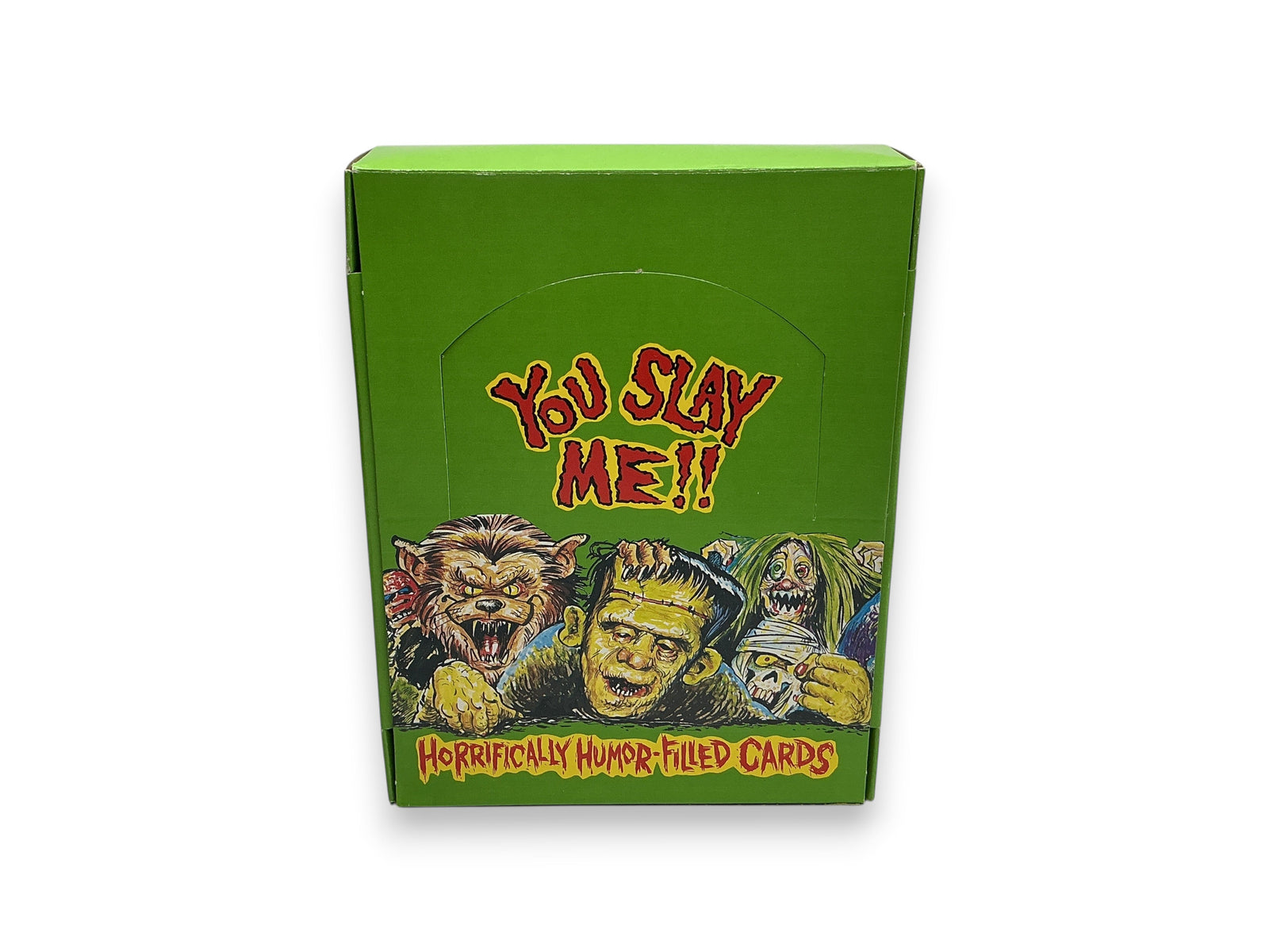 Lowkey Stock 1992 Imagine You Slay Me trading card display box featuring monster illustrations on green background
