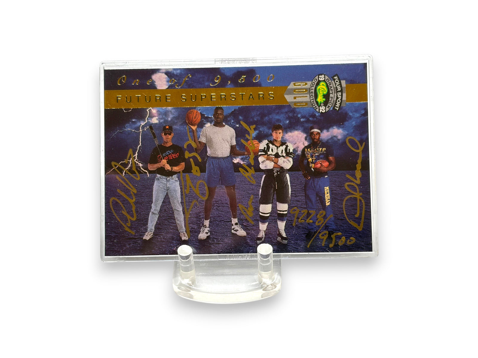Lowkey Stock 1992 Classic Four Sport Gold Shaq autographed rookie card featuring four athletes in a protective case