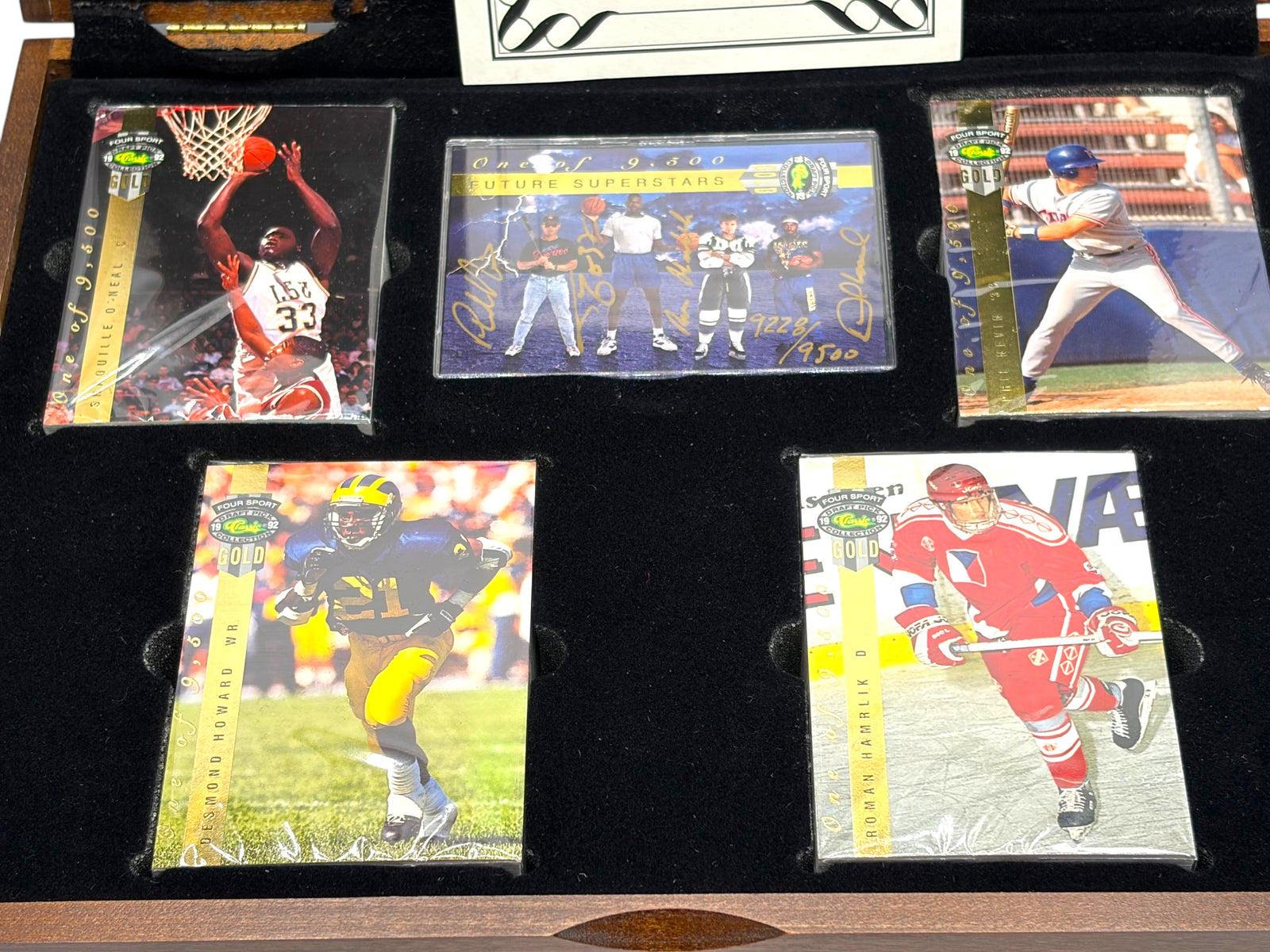 Lowkey Stock 1992 Classic Four Sport Gold Shaq rookie card set with autographs in a commemorative wooden display box