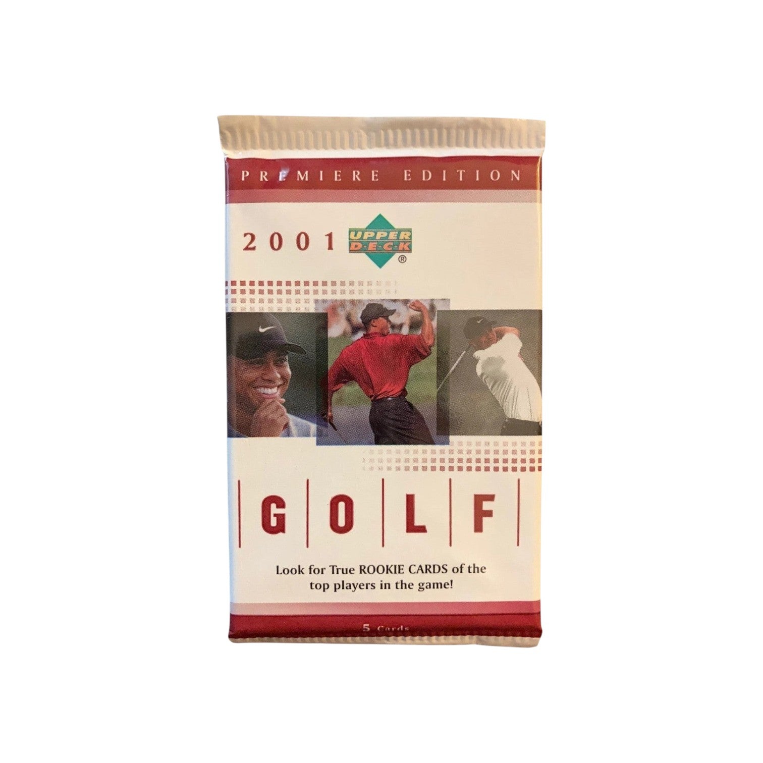 Lowkey Stock 2001 Upper Deck Premier Edition factory sealed golf trading card pack featuring Tiger Woods imagery