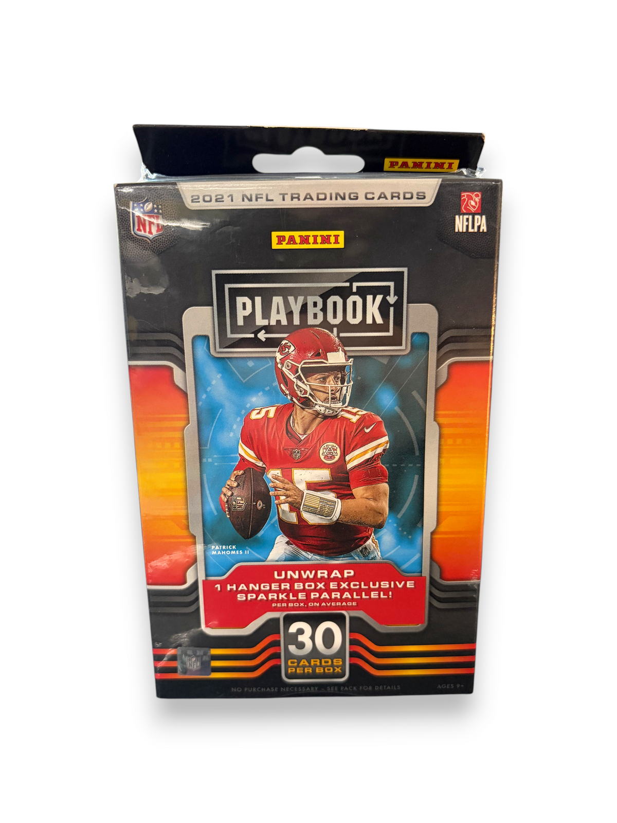 Lowkey Stock 2021 Panini Playbook NFL trading card hanger box featuring Patrick Mahomes on the packaging