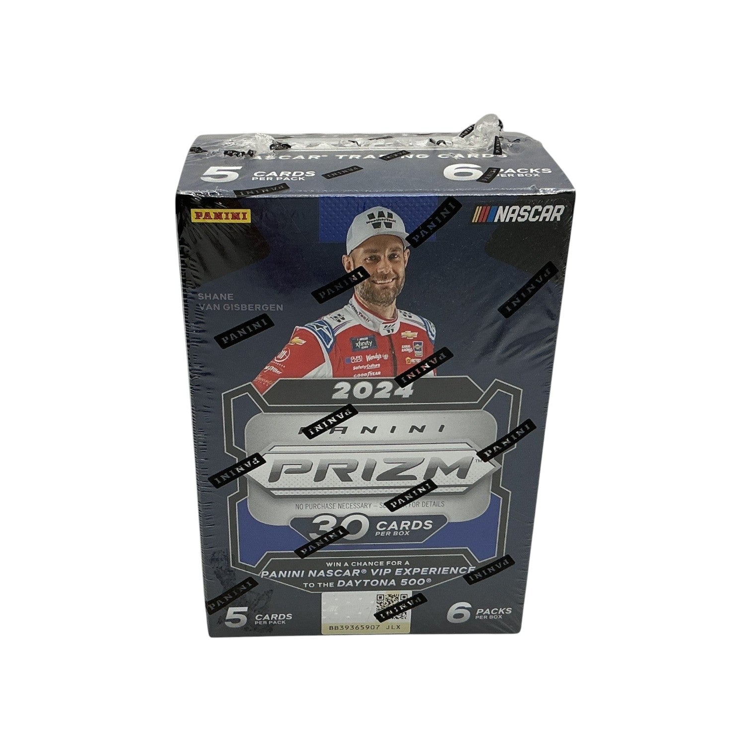 Lowkey Stock 2024 Panini Prizm NASCAR racing trading card blaster box featuring Shane van Gisbergen on the packaging.