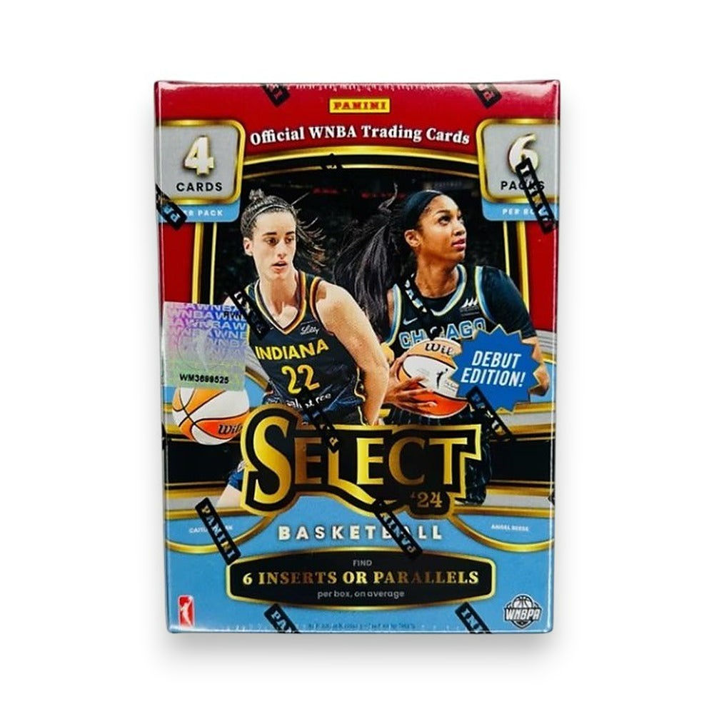 Lowkey Stock 2024 Panini Select WNBA basketball blaster box featuring Caitlin Clark and Angel Reese on the packaging