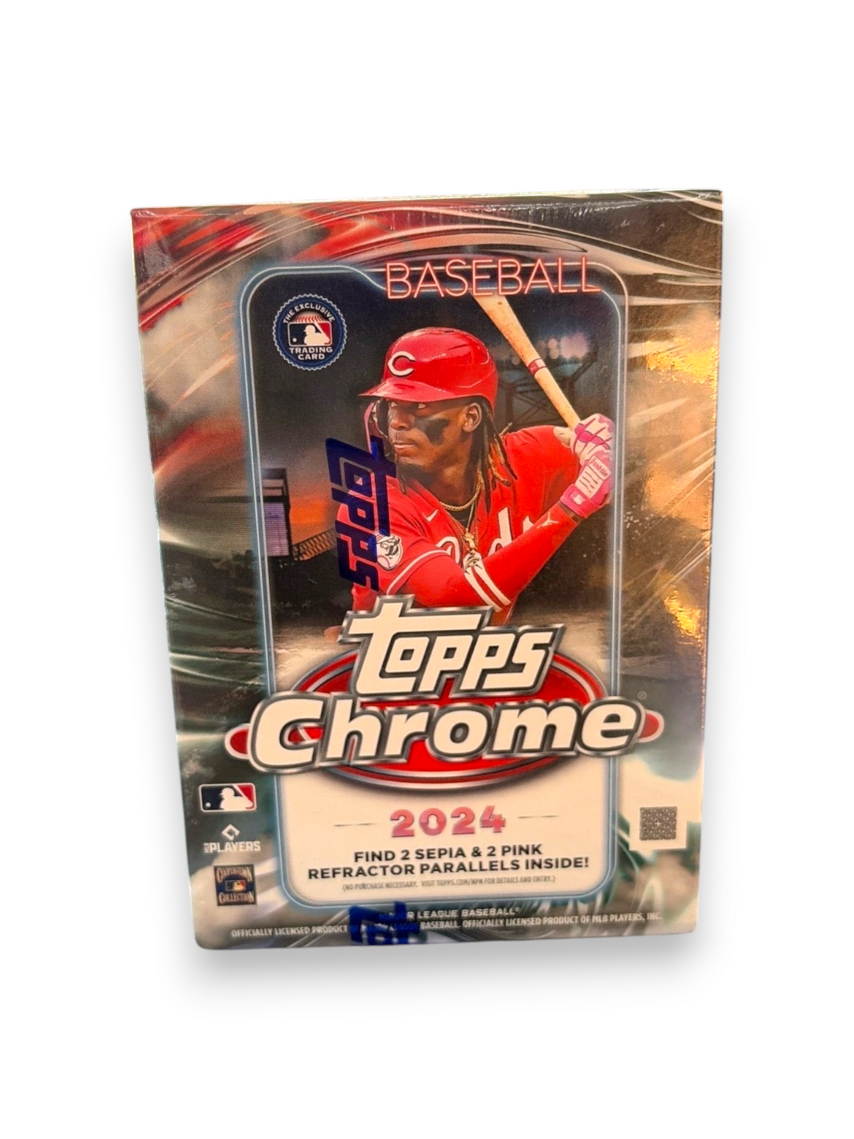 Lowkey Stock 2024 Topps Chrome Baseball blaster box featuring a Cincinnati Reds player on the packaging