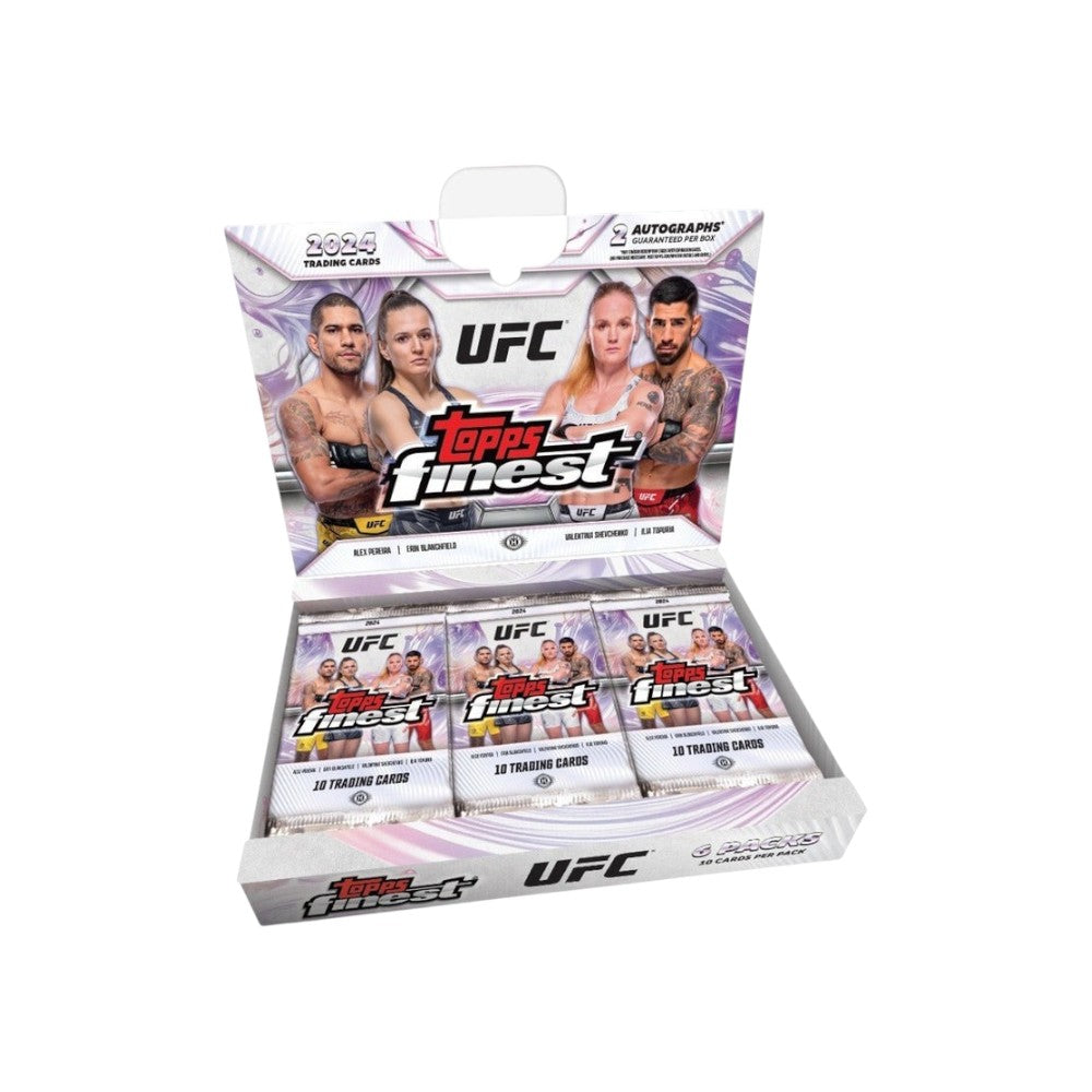 Lowkey Stock 2024 Topps Finest UFC hobby box featuring six packs of trading cards with two guaranteed autographs.