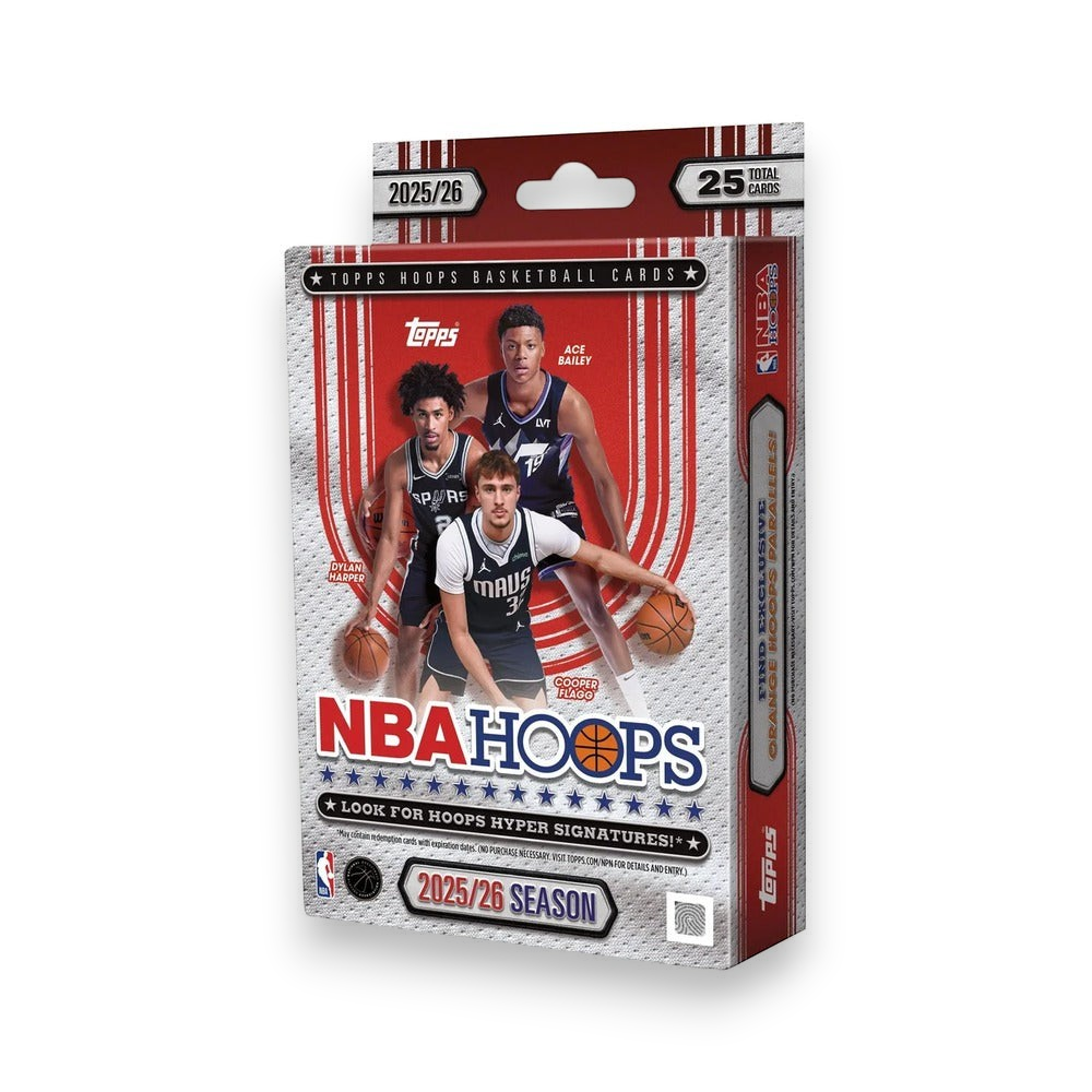 Lowkey Stock 2025/26 Topps Hoops Basketball Hanger Box featuring NBA players on the red and white packaging