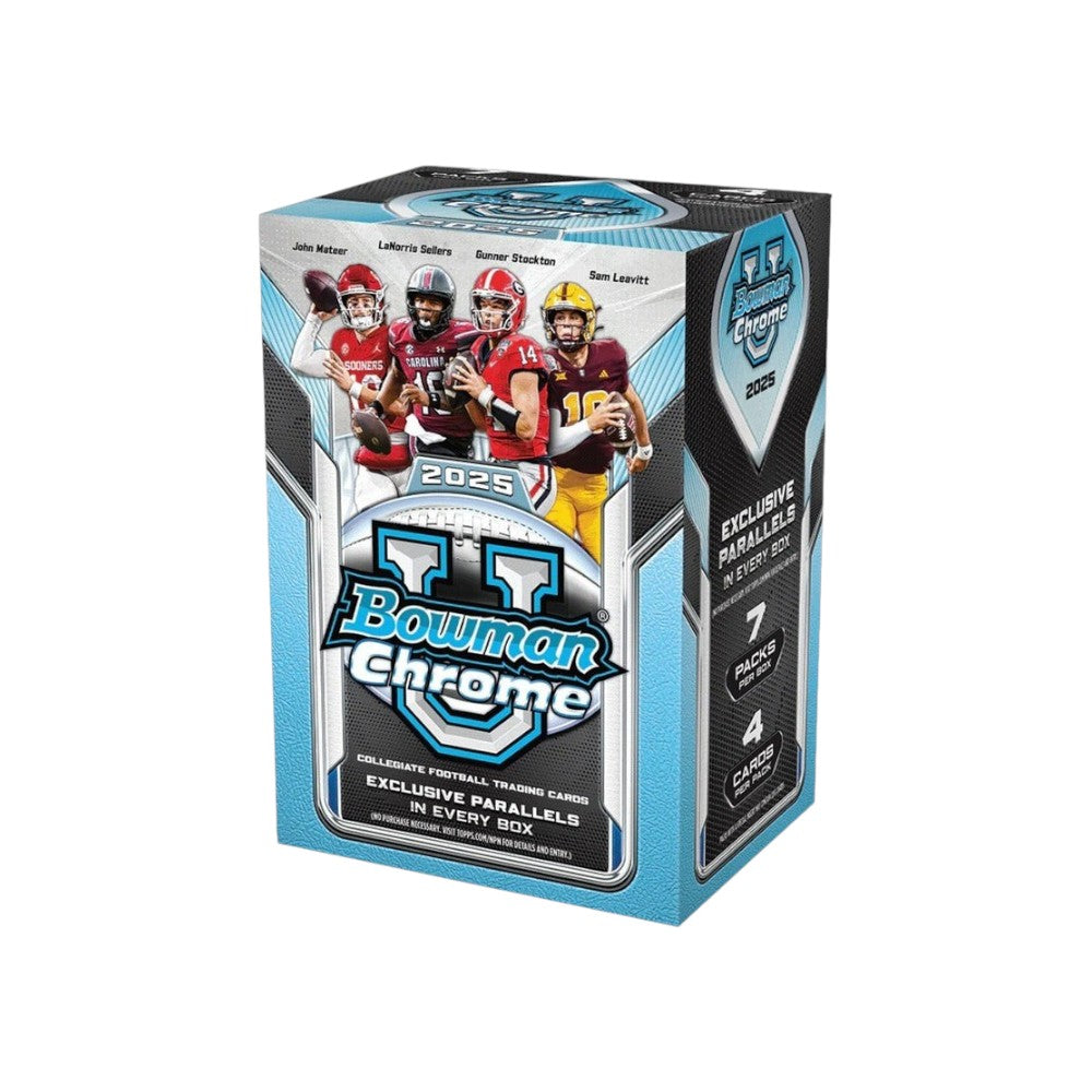 Lowkey Stock 2025 Bowman University Chrome Football blaster box featuring collegiate players on the packaging.
