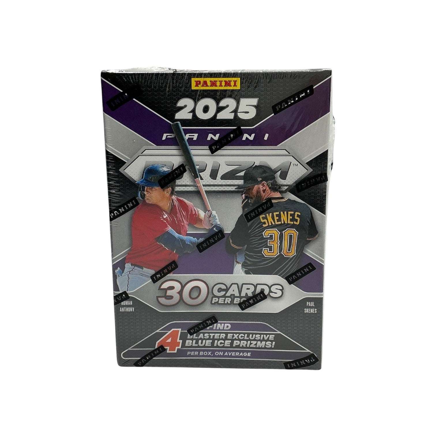 Lowkey Stock 2025 Panini Prizm Baseball Blaster Box featuring Paul Skenes and Roman Anthony on the packaging.