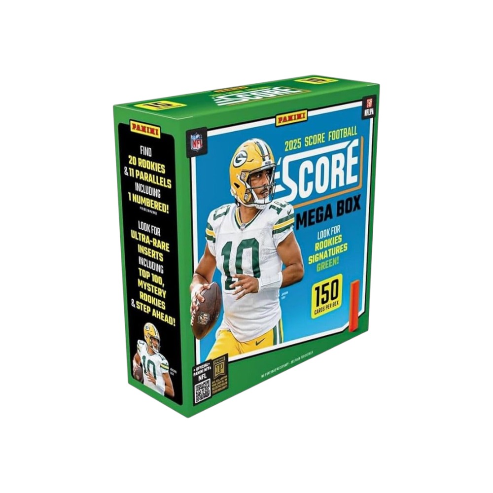 Lowkey Stock 2025 Panini Score Football Mega Box featuring a Green Bay Packers player on the factory sealed packaging