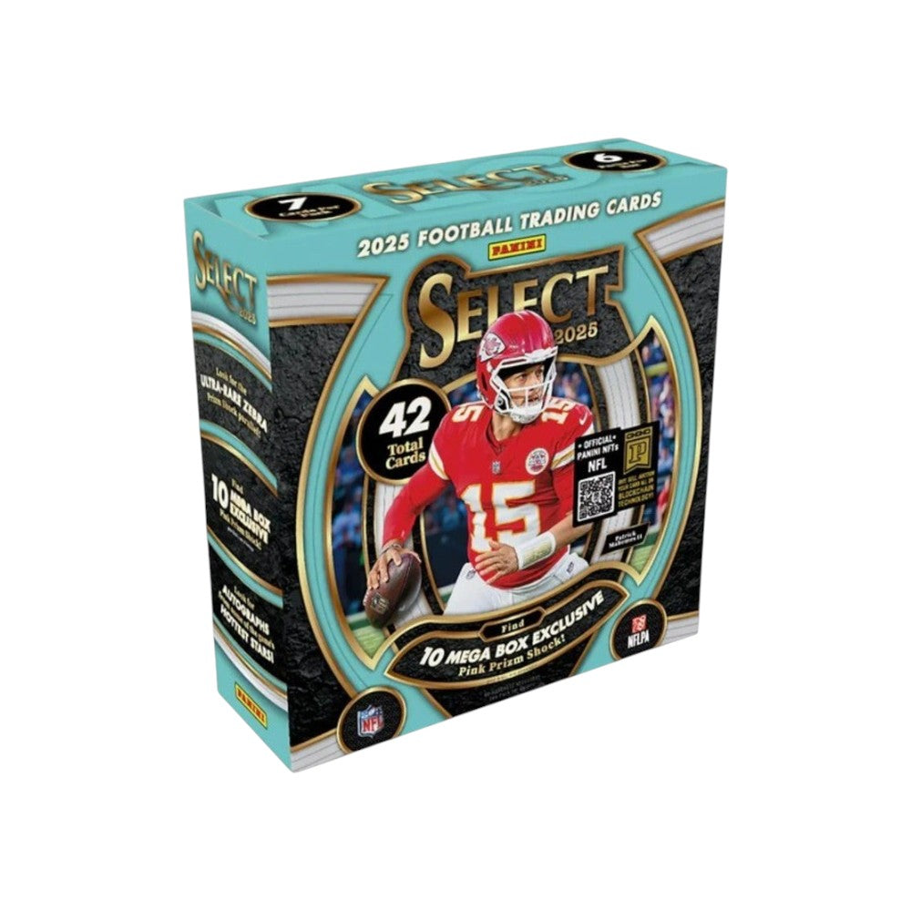 Lowkey Stock 2025 Panini Select Football Mega Box featuring Patrick Mahomes on the packaging with 42 trading cards.