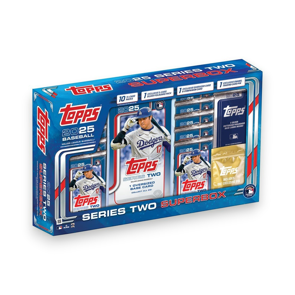 Lowkey Stock 2025 Topps Series 2 Baseball Super Box featuring 10 packs, oversized card, and enamel pin in blue packaging