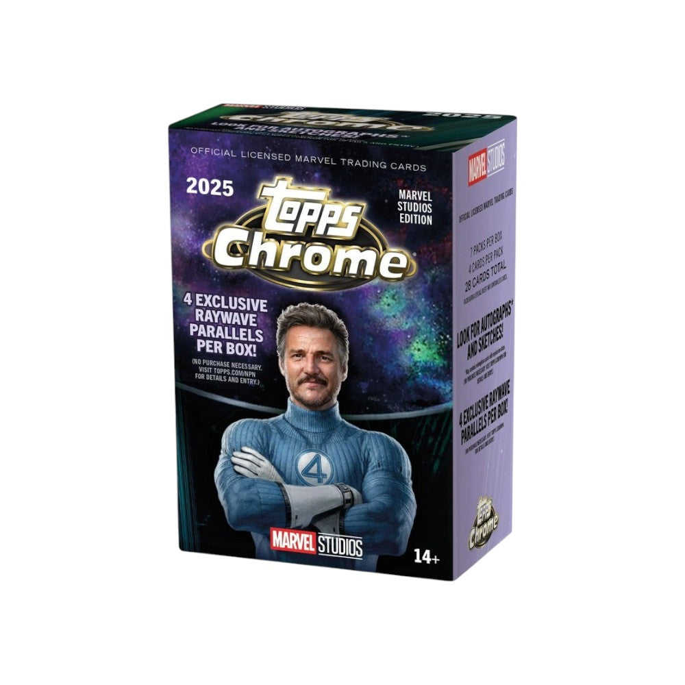 Lowkey Stock 2025 Topps Chrome Marvel Studios blaster box featuring Pedro Pascal as Mr. Fantastic on the packaging.