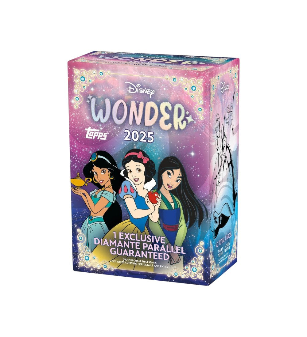 Lowkey Stock 2025 Topps Disney Wonder trading card blaster box featuring Jasmine, Snow White, and Mulan illustrations