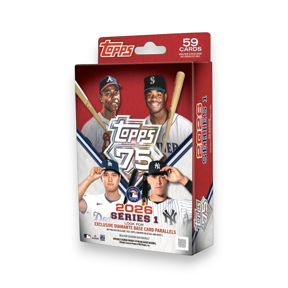 Lowkey Stock 2026 Topps Baseball Series 1 hanger box featuring 59 trading cards with MLB player imagery