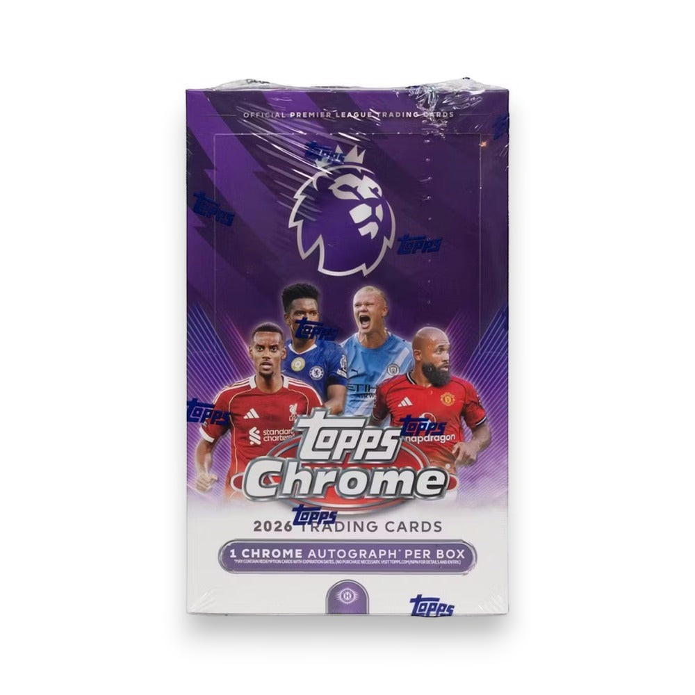 Lowkey Stock 2026 Topps Chrome Premier League soccer hobby box with factory sealed packaging and player imagery