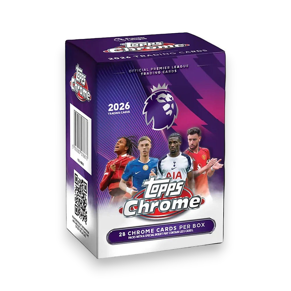 Lowkey Stock 2026 Topps Chrome Premier League soccer blaster box featuring player graphics and 28 trading cards.