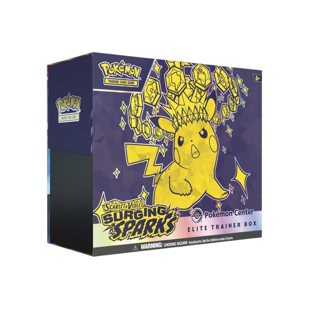 Lowkey Stock Pokémon Center TCG Surging Sparks Elite Trainer Box featuring Pikachu artwork on a purple collector box.