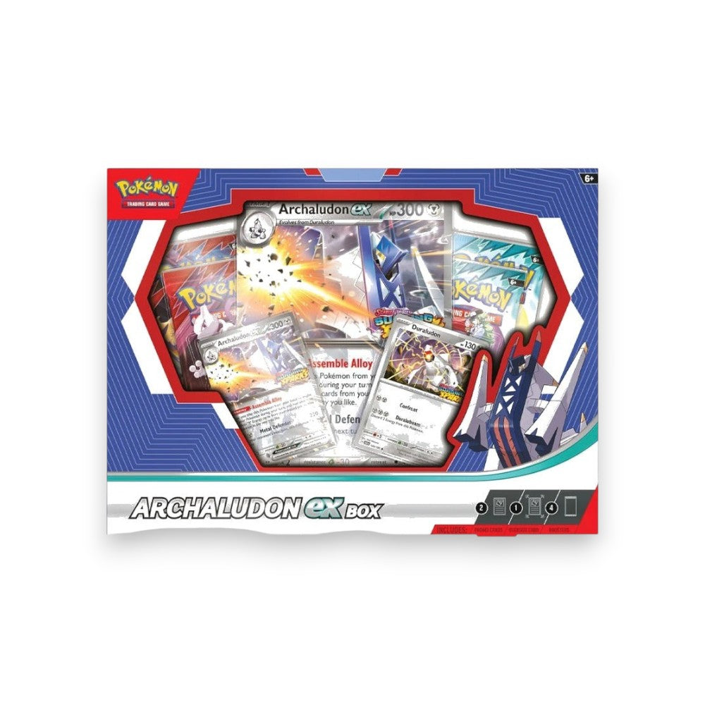 Lowkey Stock Pokémon TCG Archaludon ex Box featuring foil promo cards, oversize card, and four booster packs.
