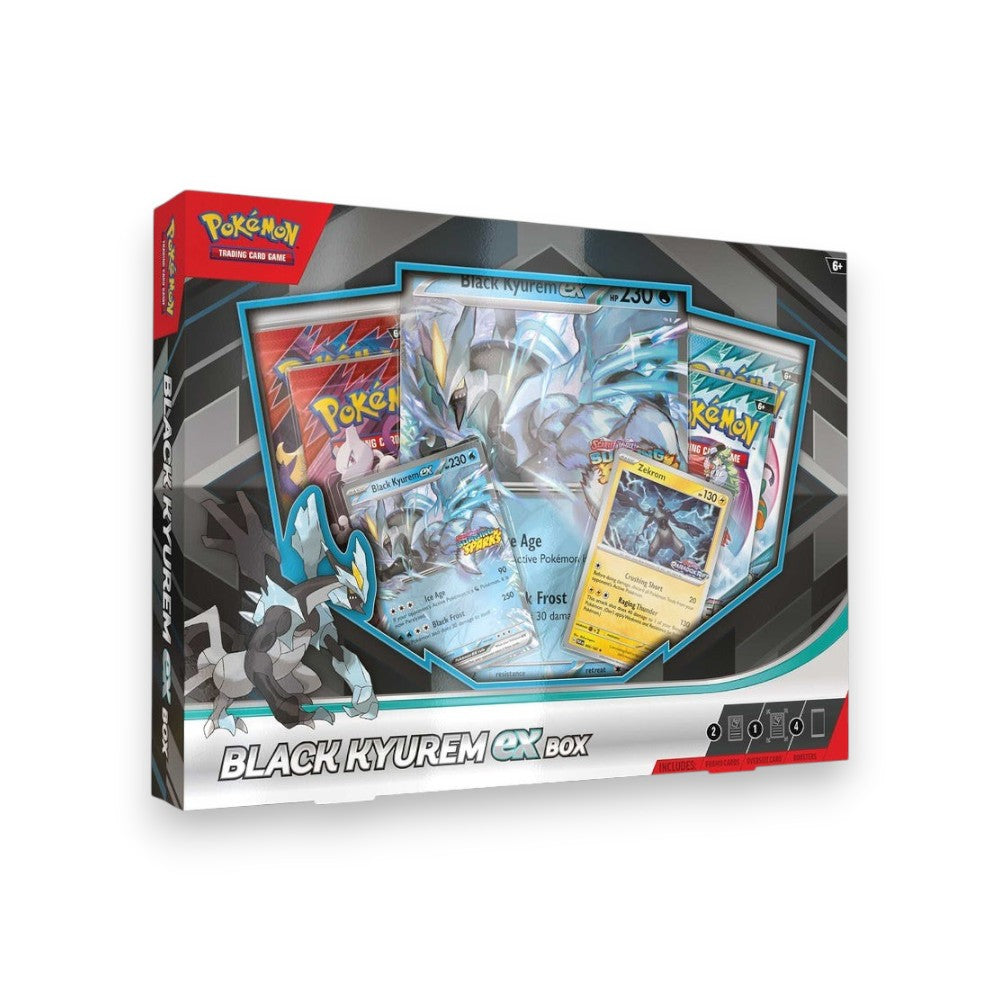 Lowkey Stock Pokémon TCG Black Kyurem ex Box featuring foil promo cards, oversize card, and four booster packs.