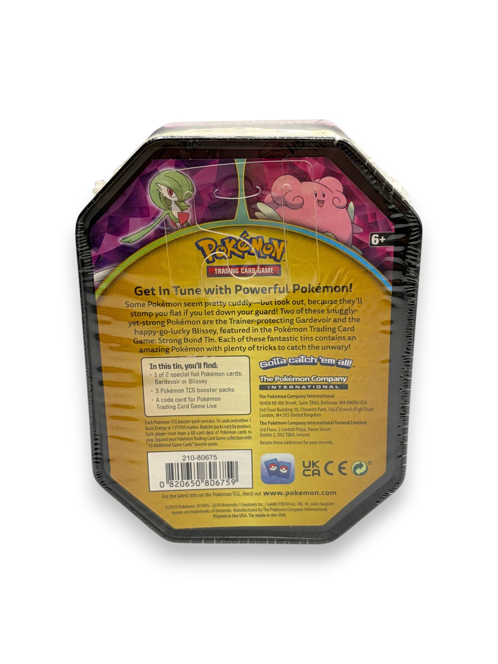 Lowkey Stock Pokemon TCG Blissey Strong Bond tin back view featuring product details and booster pack information