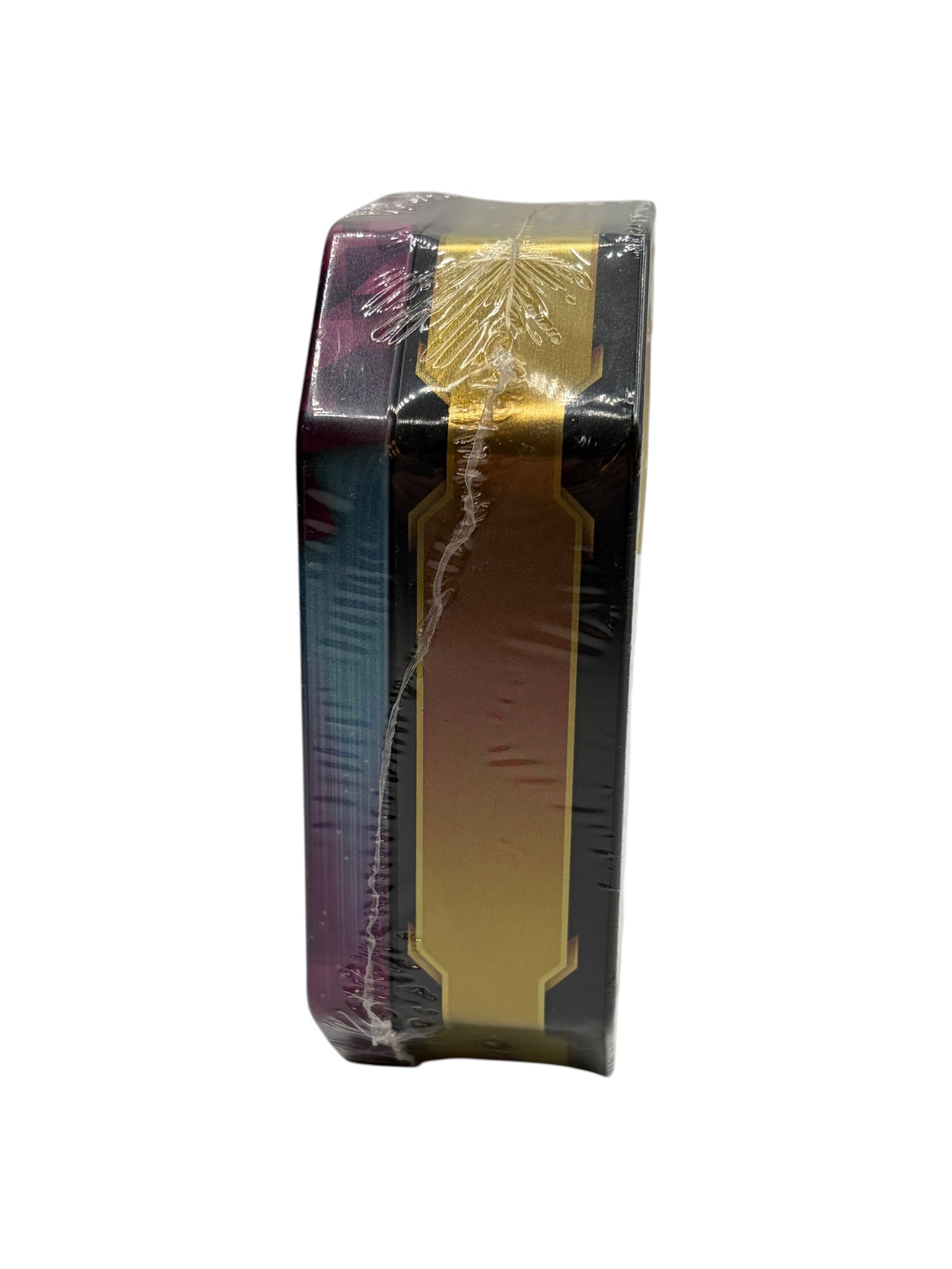 Lowkey Stock Pokemon TCG Blissey Strong Bond tin, factory sealed with plastic wrap, side view showing gold trim.