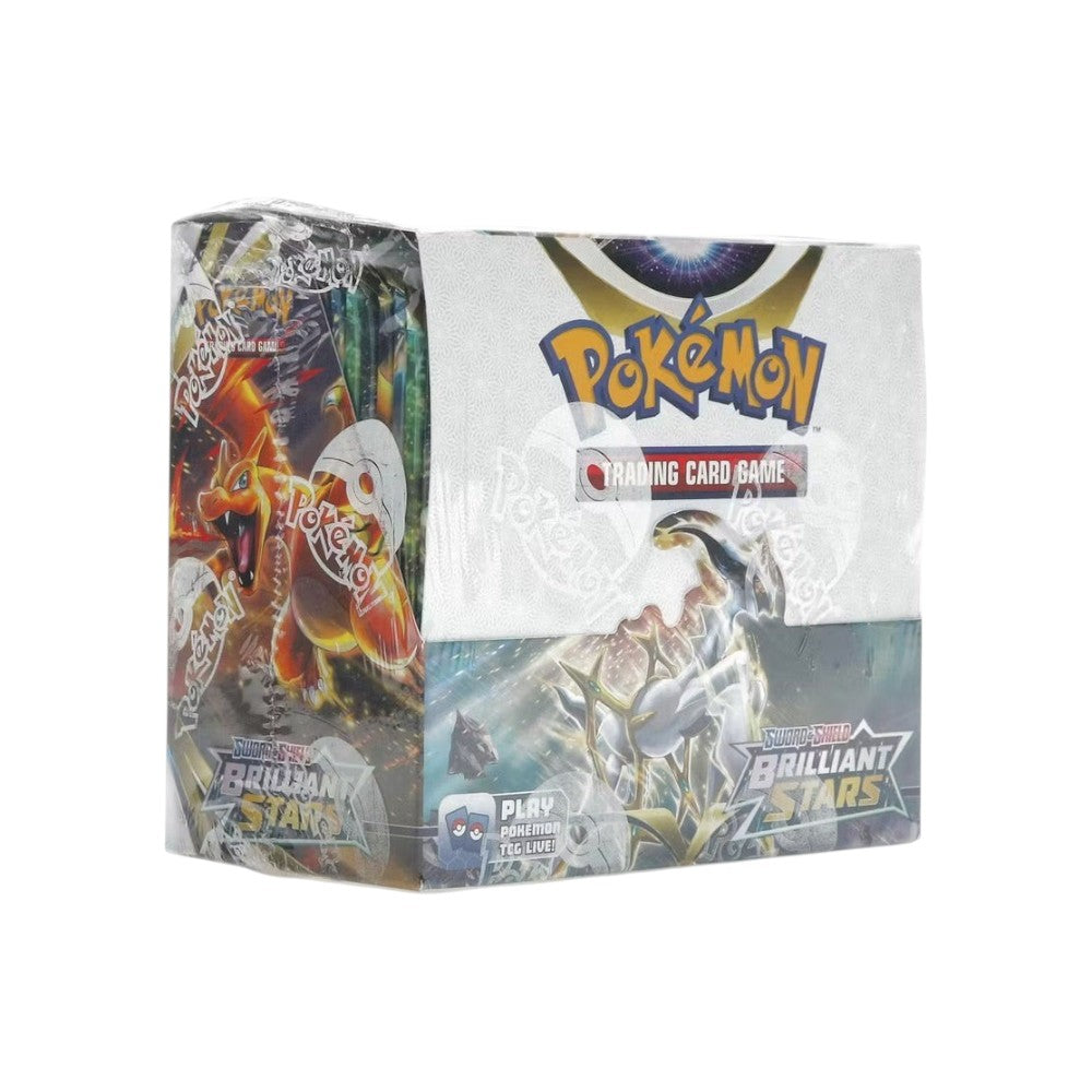 Lowkey Stock factory sealed Pokémon TCG Sword & Shield Brilliant Stars booster box featuring Charizard and Arceus art
