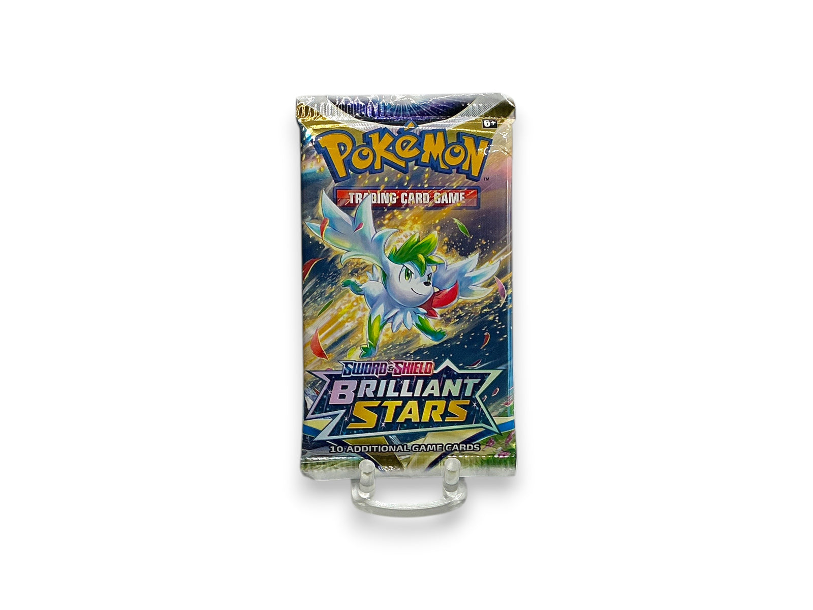 Lowkey Stock Pokémon Brilliant Stars booster pack featuring Shaymin Sky Forme artwork and 10 trading game cards