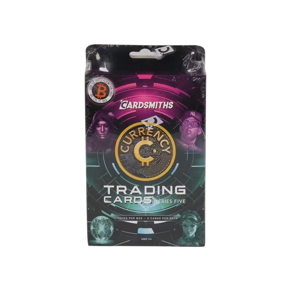 Lowkey Stock factory sealed 2025 Cardsmiths Currency Series 5 collector box featuring cryptocurrency trading cards