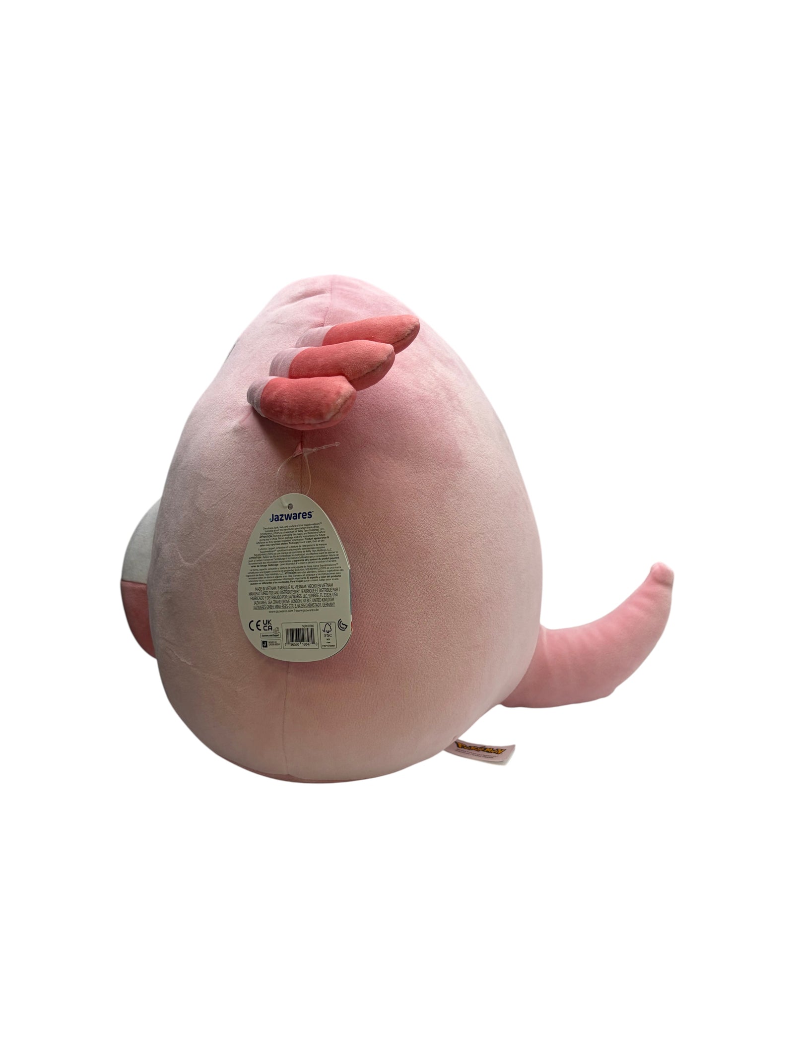 Lowkey Stock 14 inch Chansey plush toy from Pokémon Center, featuring soft pink fabric and rear view with tag.
