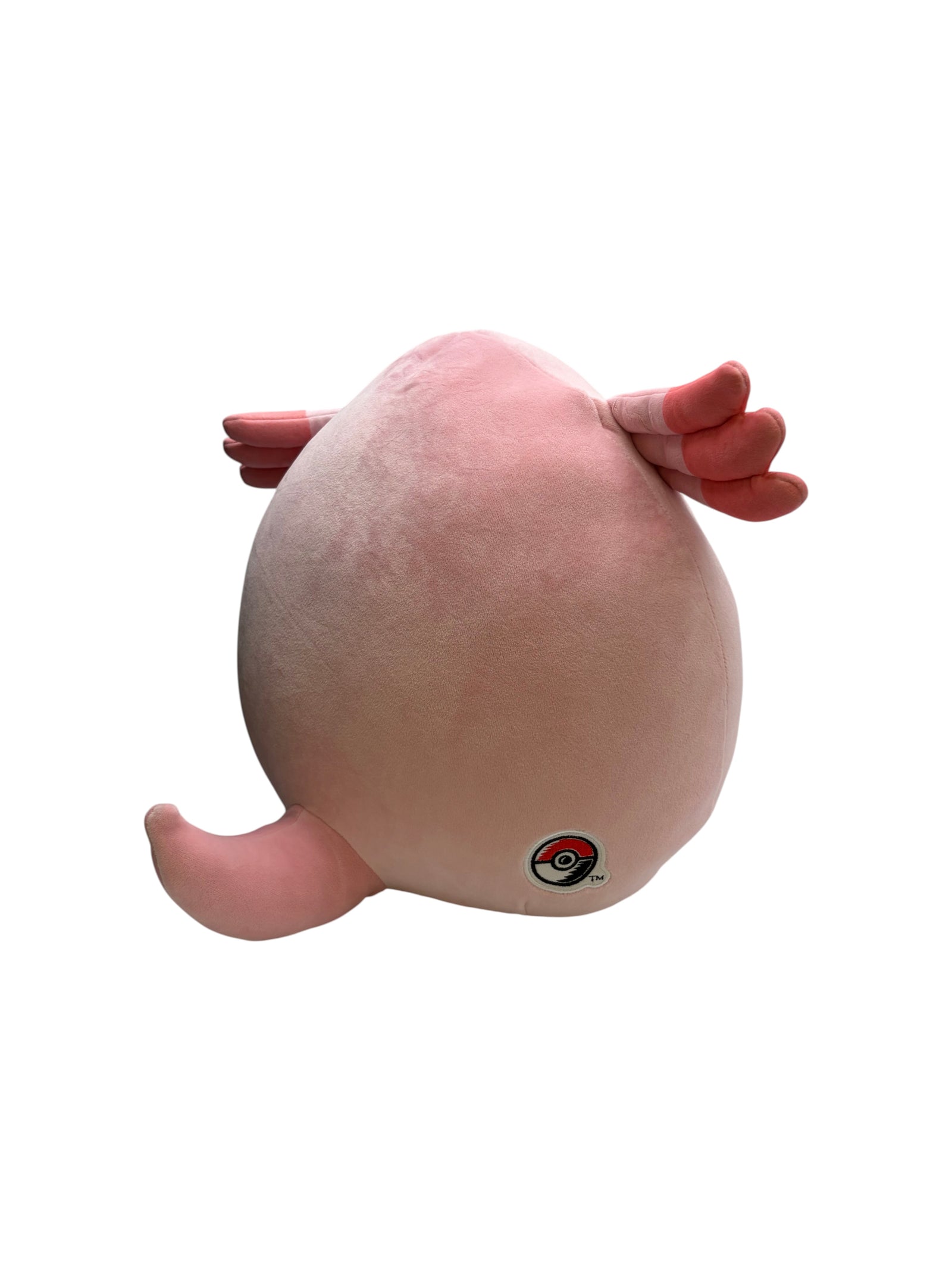 Lowkey Stock 14 inch Chansey plush toy in soft pink fabric with Pokémon Center branding on a white background