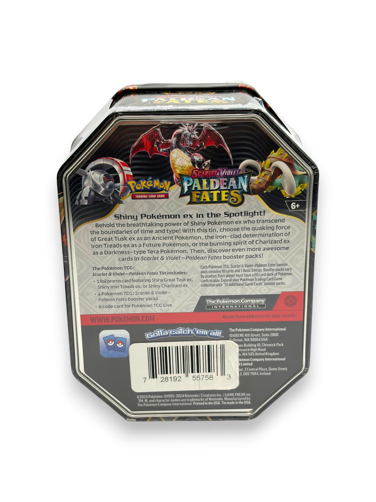Lowkey Stock sealed Pokemon Paldean Fates Charizard ex tin back view with product details and barcode
