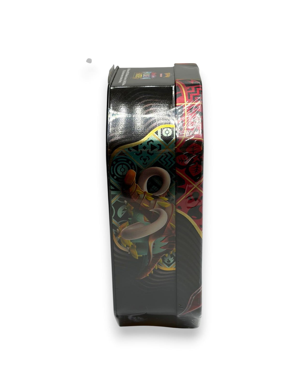 Lowkey Stock sealed Pokemon TCG Scarlet and Violet Paldean Fates Charizard EX tin side view with metallic artwork
