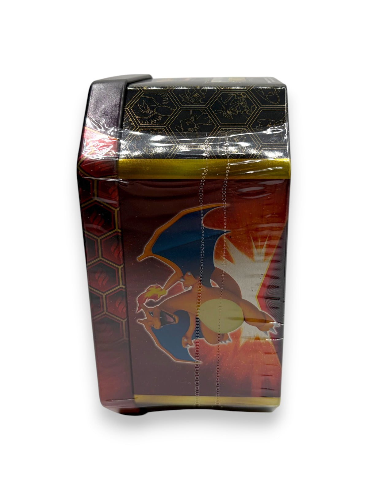 Lowkey Stock Pokémon TCG Hidden Fates Charizard GX collector tin featuring Charizard artwork in partial shrink wrap