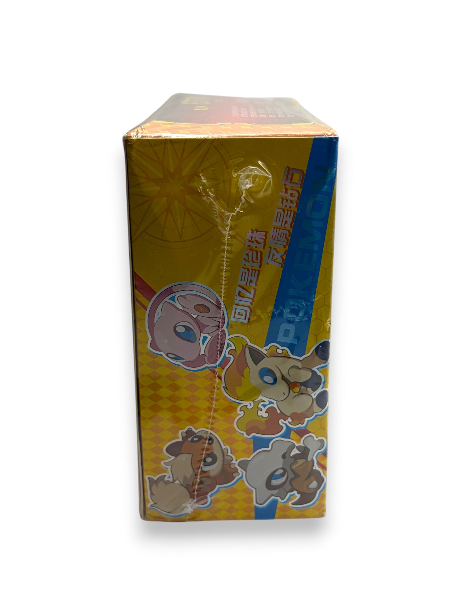 Lowkey Stock unlicensed Chinese Pocket Baby Eif Elf trading card booster box side view with colorful character art