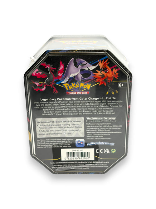 Lowkey Stock Pokemon TCG Crown Zenith Galarian Moltres tin back view featuring legendary bird artwork and product info