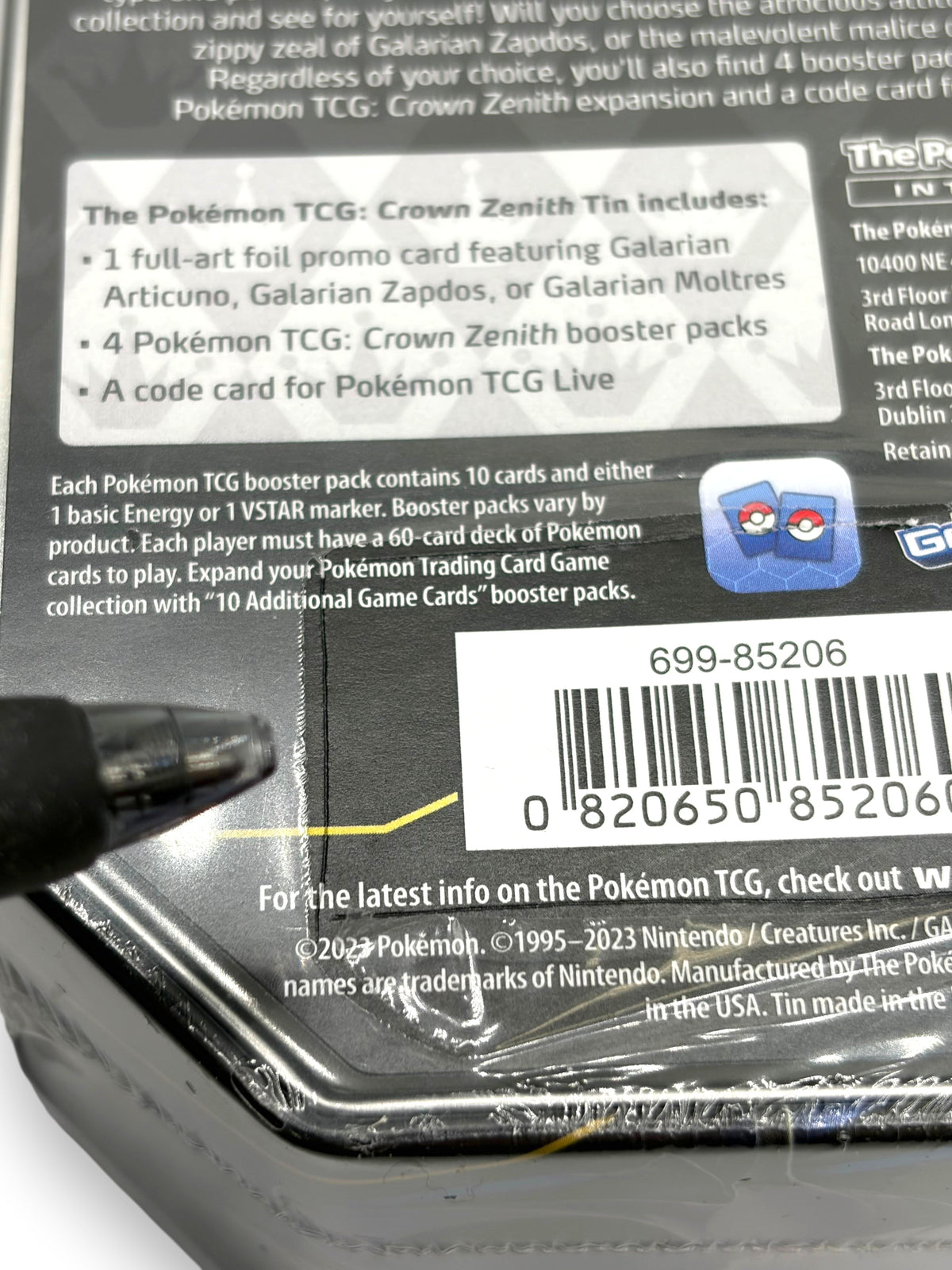 Lowkey Stock Pokemon TCG Crown Zenith Galarian Moltres Tin back packaging with barcode and product details
