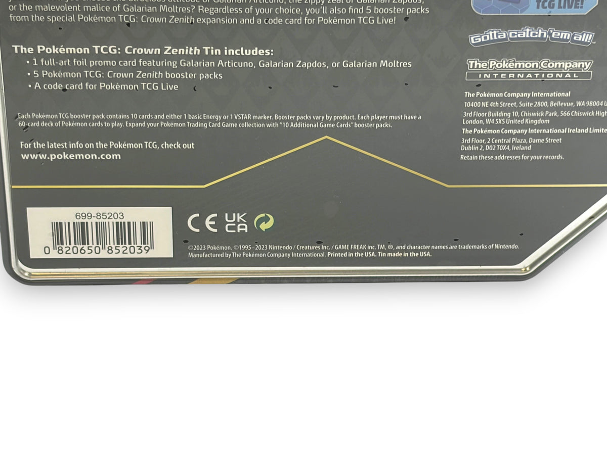Lowkey Stock Crown Zenith Pokemon TCG Galarian Moltres tin back view showing product details and barcode