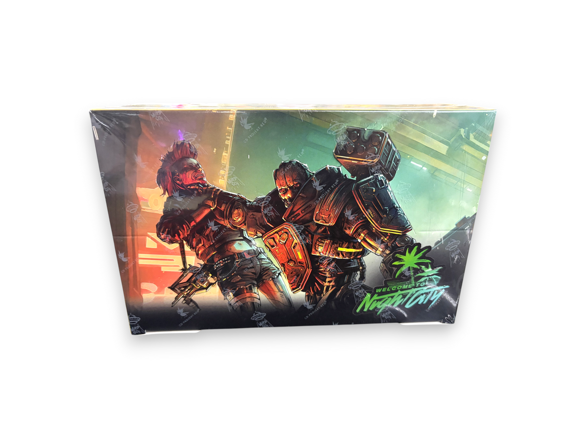 Lowkey Stock Cyberpunk TCG Welcome to Night City booster box featuring futuristic character art on the packaging.