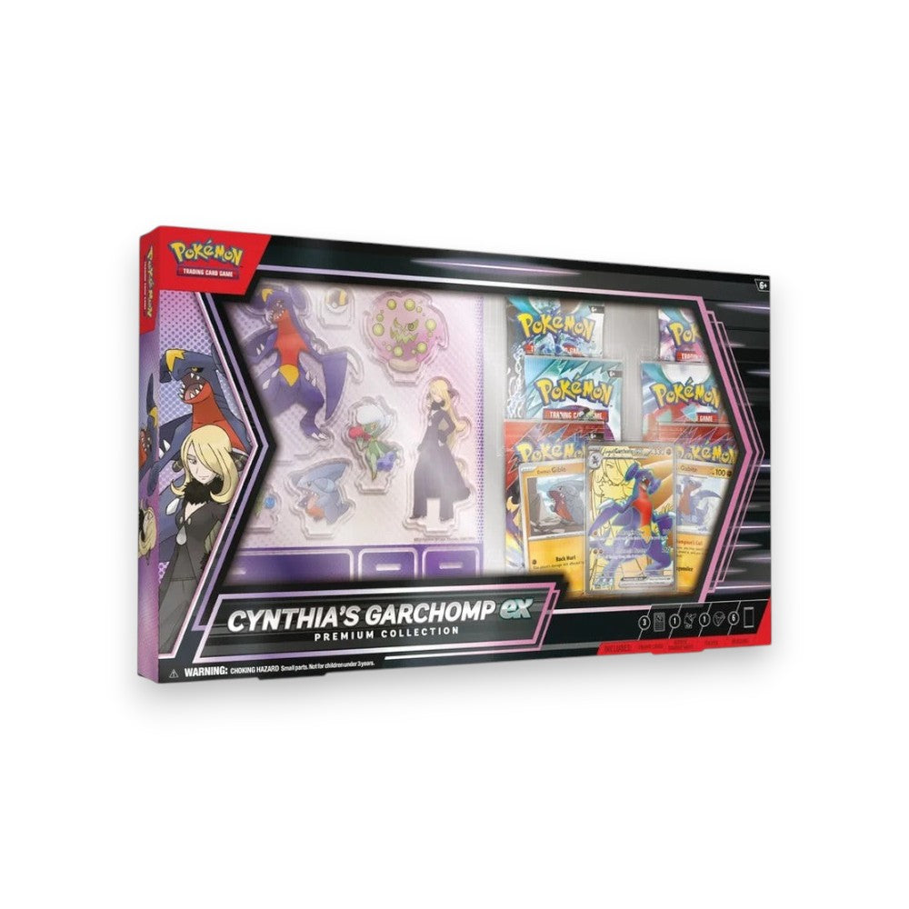 Lowkey Stock Pokémon TCG Cynthia's Garchomp ex Premium Collection box set with promo cards, standees, and boosters.