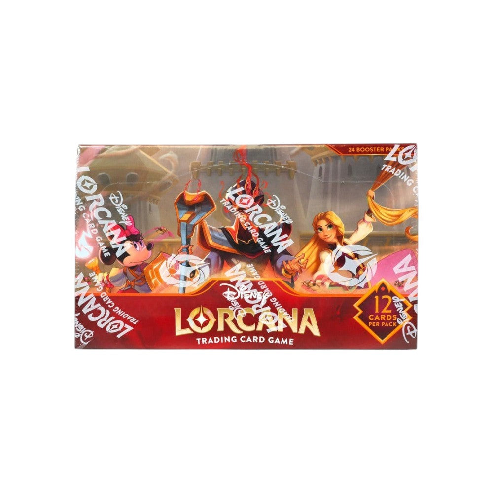 Lowkey Stock Disney Lorcana Reign of Jafar factory sealed booster box featuring Jafar, Mickey, and Rapunzel artwork.