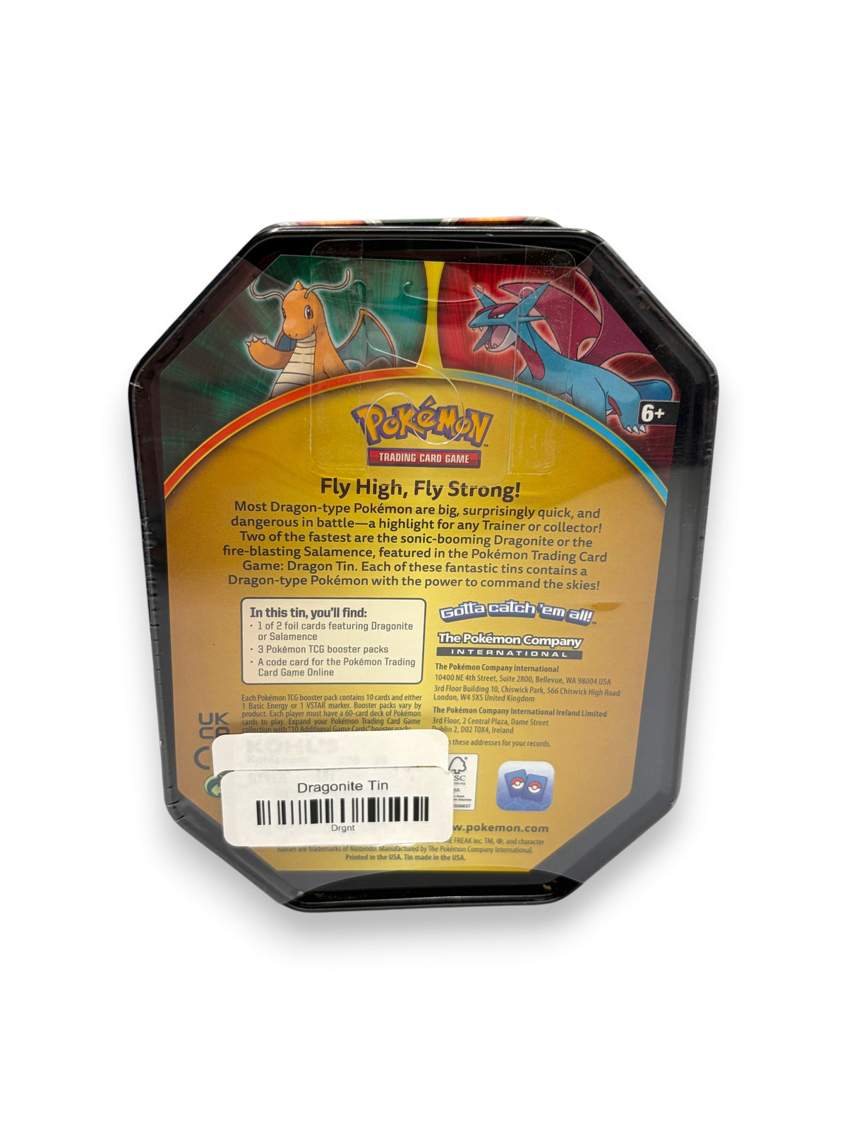 Lowkey Stock sealed 2019 Pokemon TCG Dragonite Dragons Tin back view featuring Dragonite and Salamence artwork