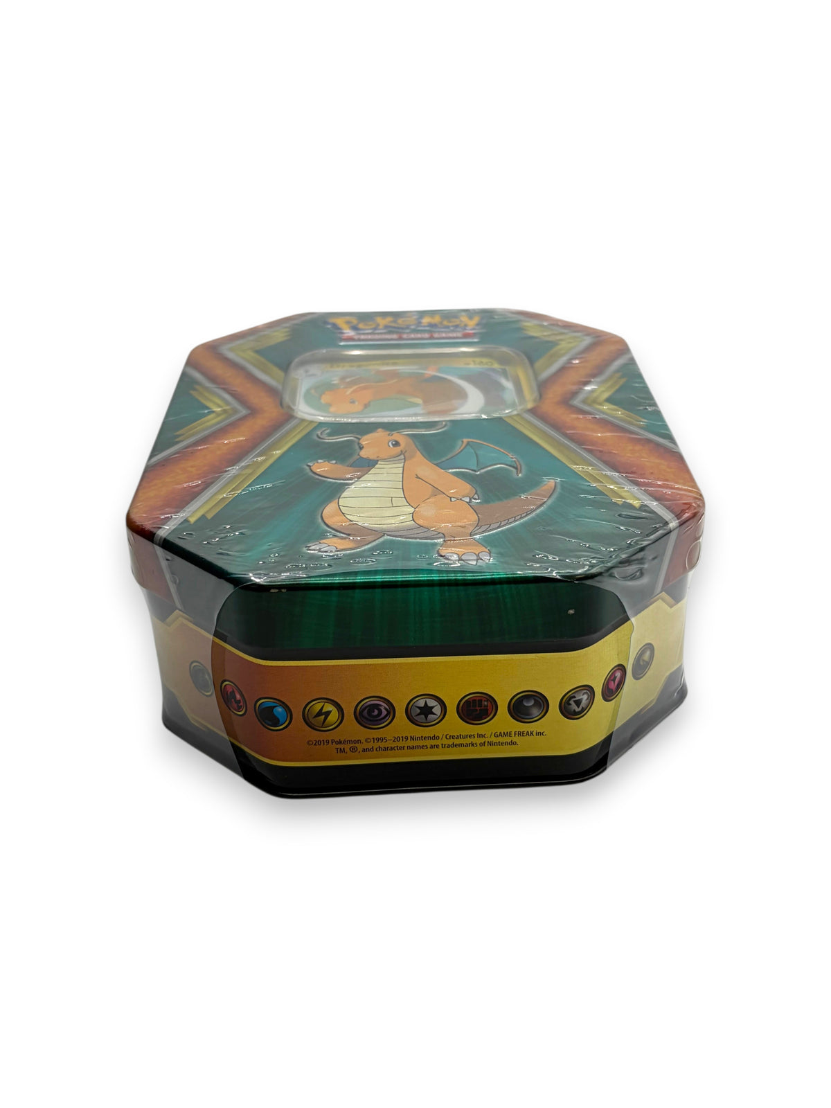Lowkey Stock sealed 2019 Pokemon TCG Dragonite Dragons Tin featuring Dragonite artwork and three booster packs